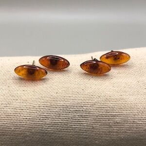 Sterling silver 925 artisan amber earrings elongated oval post stud ONE PAIR